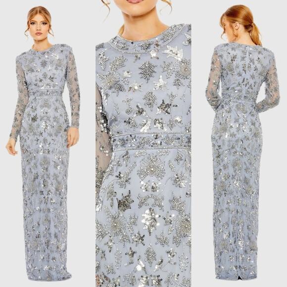 Mac Duggal High Neck Long Sleeve Embellished Column Gown Dress - Picture 1 of 16